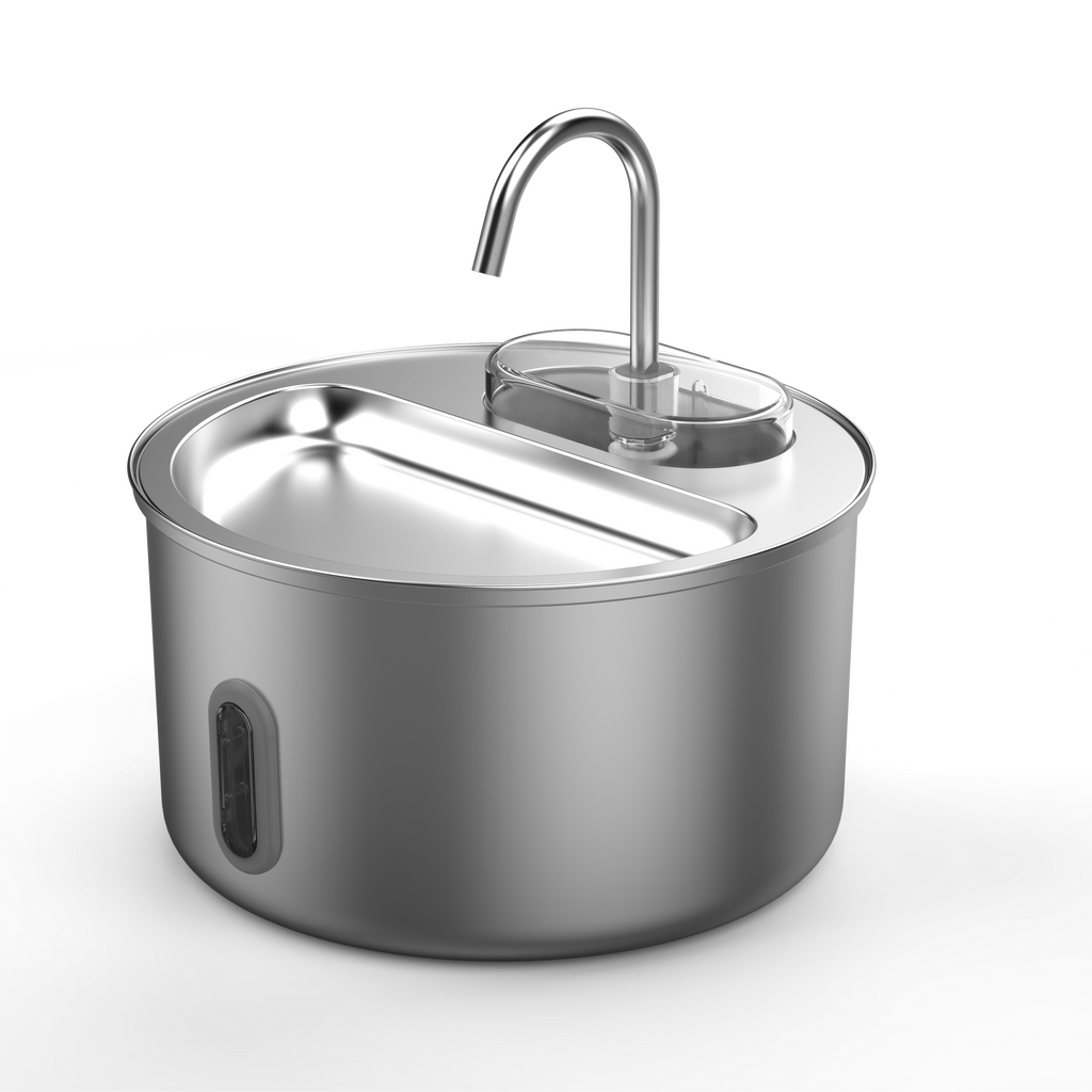 Stainless steel pot with a lid and faucet on a white background
