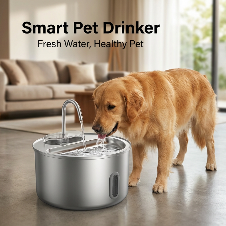 Smart pet drinker with a dog drinking water in a living room.