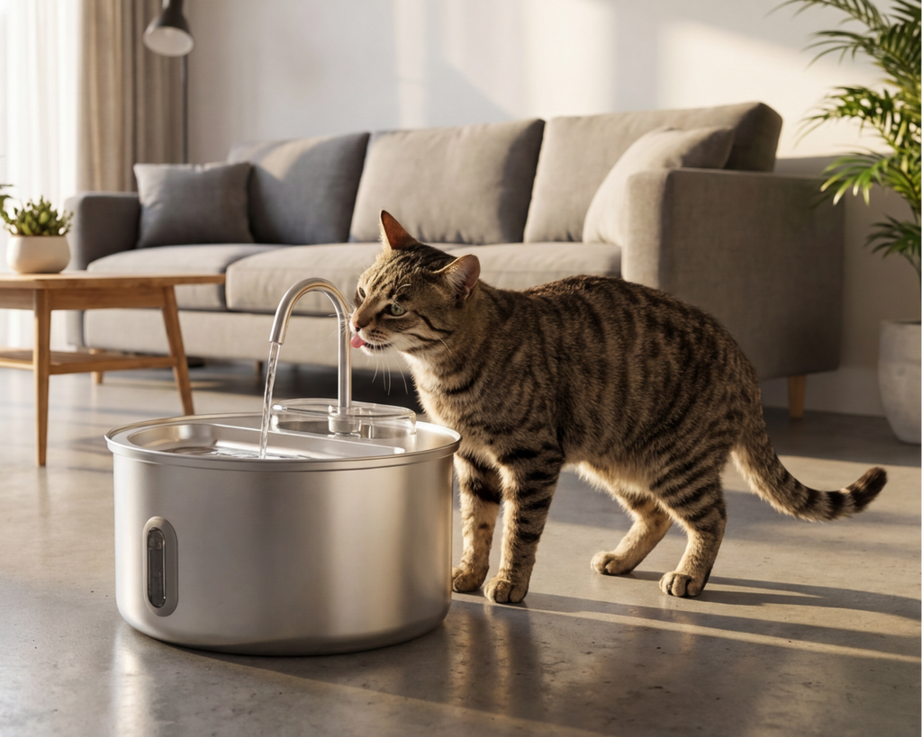 Cat drinking water from a stainless steel fountain in a living room.