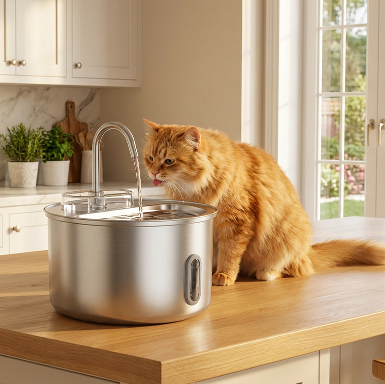 Cat drinking water from a smart pet hydration device in a kitchen.