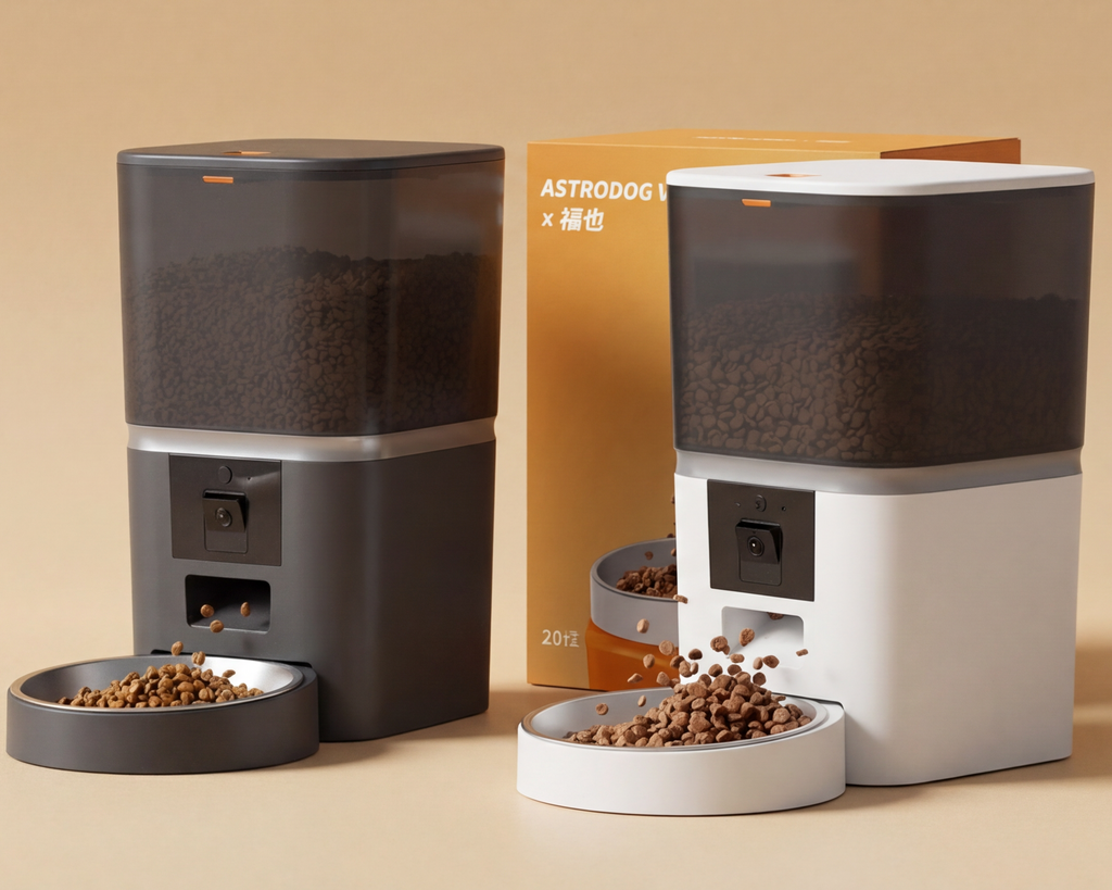 Two pet feeders with bowls on a beige background, featuring Astrodog branding.